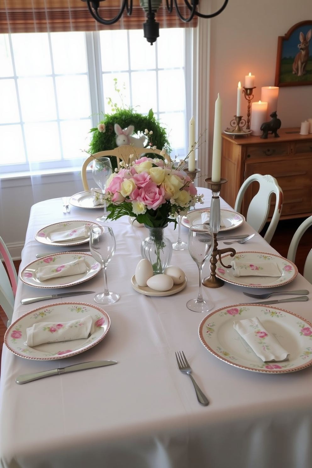 A beautifully arranged Easter-themed table setting features delicate pastel plates adorned with floral patterns. The table is elegantly draped with a light linen tablecloth, and soft spring flowers are placed in a charming centerpiece. Surrounding the table, mismatched vintage chairs add a touch of whimsy to the decor. Soft, ambient lighting from decorative candles enhances the festive atmosphere, creating a warm and inviting space for celebration.