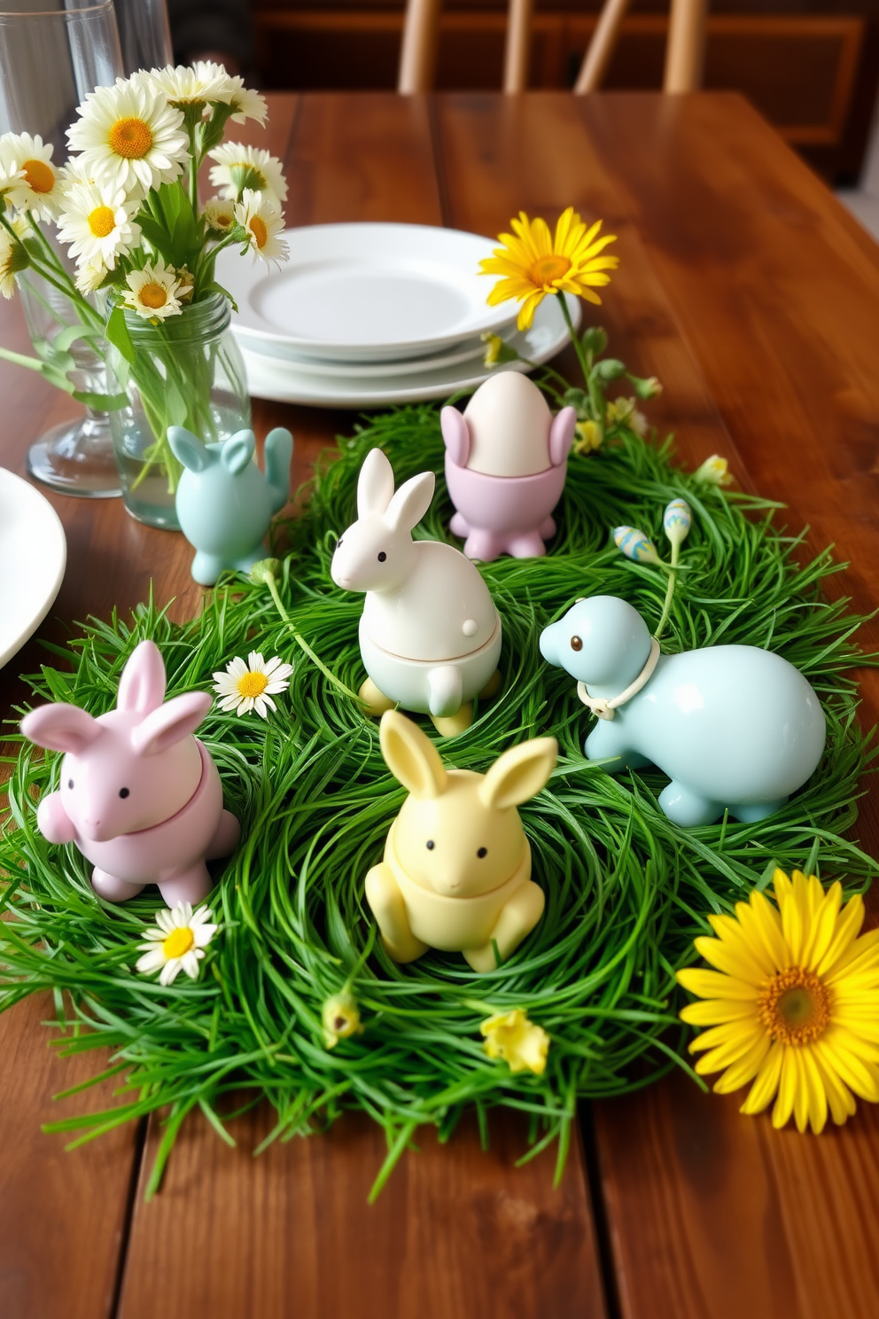 Creative egg holders for a dining table. Picture a set of whimsical, handcrafted ceramic egg holders in pastel colors, arranged elegantly on a rustic wooden table. Each holder is uniquely shaped, resembling different animals, adding a playful touch to the Easter celebration. Surround the holders with fresh spring flowers and vibrant green grass for a festive atmosphere.