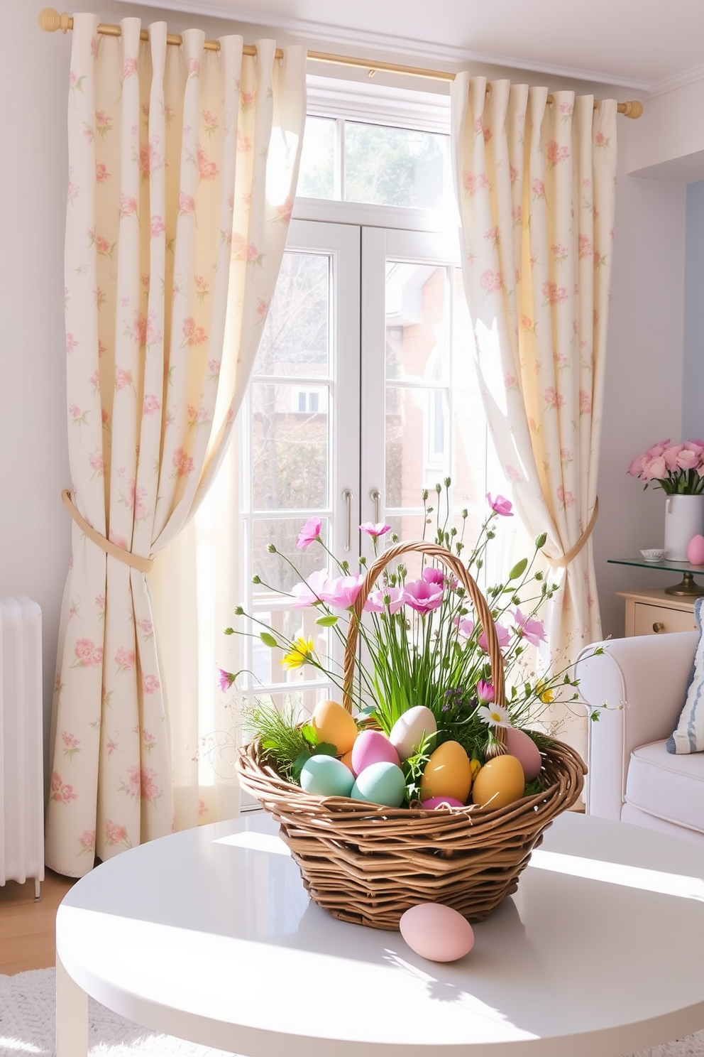 A beautifully set dining table adorned with pastel colored table runners that flow elegantly over the edges. The runners are complemented by delicate floral centerpieces and soft, pastel-hued dinnerware, creating a warm and inviting atmosphere for Easter celebrations.