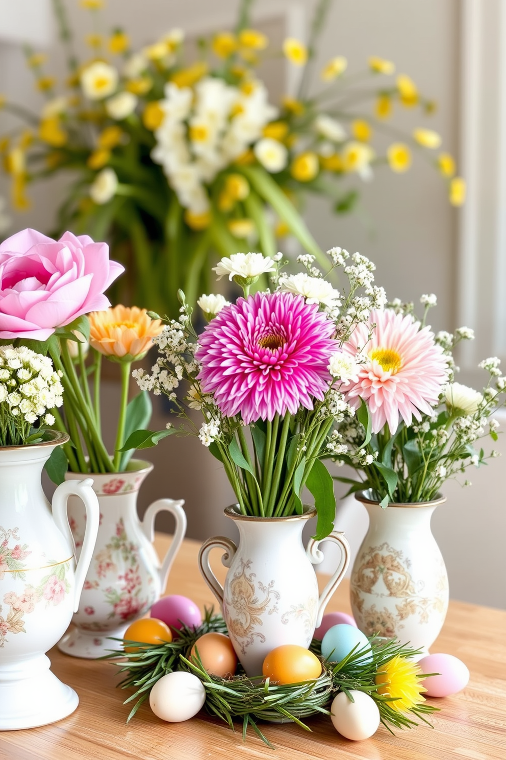 A chic pastel bunny centerpiece is elegantly displayed on a dining table. The bunnies are surrounded by soft-colored eggs and fresh spring flowers, creating a whimsical yet sophisticated atmosphere for Easter celebrations.