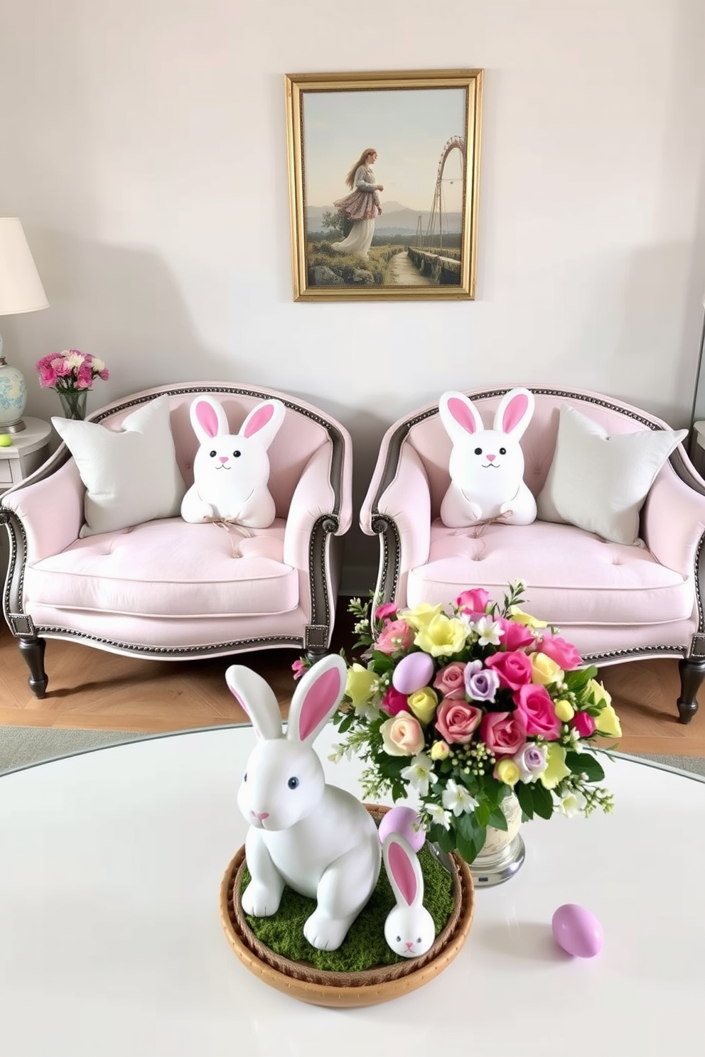 Bunny-shaped cushions are playfully arranged on a pair of elegant sofas, adding a whimsical touch to the living room. The sofas are upholstered in soft pastel colors, creating a cheerful atmosphere perfect for Easter celebrations. Decorative elements such as colorful eggs and spring flowers are artfully placed around the room. A festive table setting complements the decor, featuring a centerpiece of fresh blooms and charming bunny figurines.