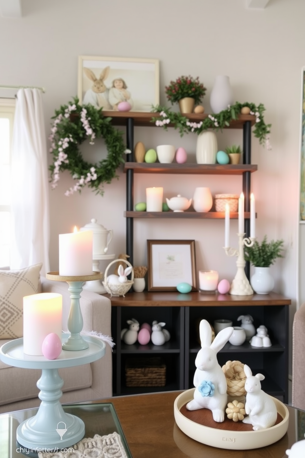 A charming Easter-themed book stack decor arrangement. The books are stacked in varying sizes, adorned with pastel-colored covers and spring motifs. Next to the stack, a small decorative bunny figurine sits atop a vibrant floral arrangement. Soft, light fabrics drape over the shelves, adding a cozy and festive touch to the loft space.