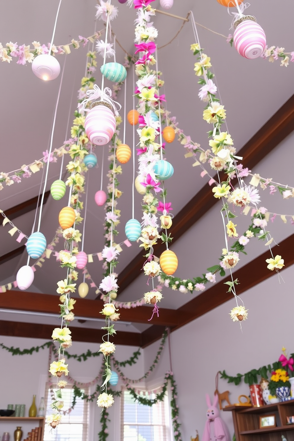 A stylish loft space adorned with a glass cloche showcasing vibrant Easter elements. Inside the cloche, colorful eggs and delicate spring flowers create a festive focal point on a rustic wooden table.