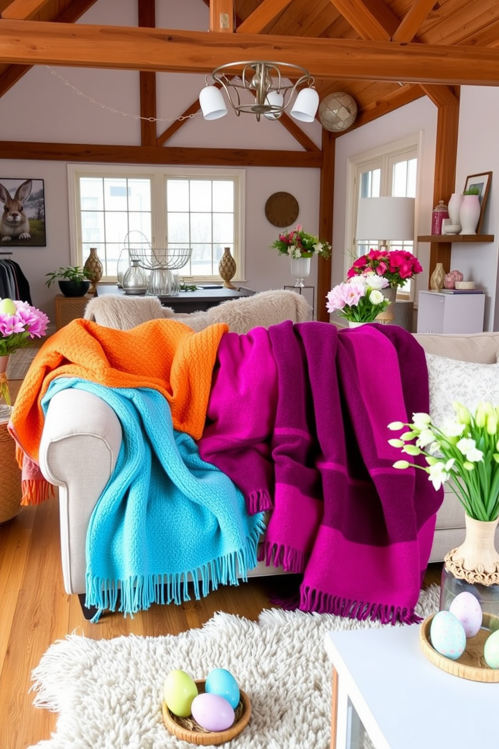 A cozy loft space adorned with colorful throw blankets draped over a plush sofa. The vibrant hues of the blankets create a warm and inviting atmosphere, perfect for relaxation. Easter decorations are tastefully arranged throughout the loft, featuring pastel-colored eggs and floral arrangements. The combination of seasonal decor and cozy textiles enhances the cheerful ambiance of the space.