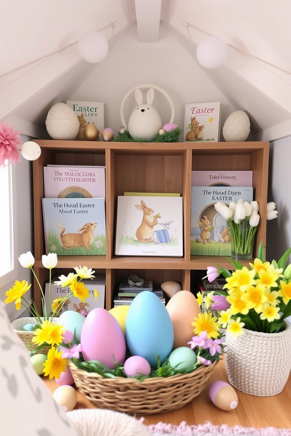 A cozy loft adorned with Easter-themed decorations. The shelves are filled with beautifully illustrated books about Easter, surrounded by pastel-colored eggs and spring flowers.