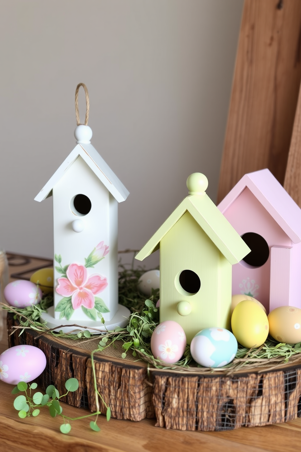 A charming Easter-themed fabric bunting decorates the room with pastel colors and playful patterns featuring bunnies and eggs. The bunting is strung across a cozy loft space, adding a festive touch to the bright and airy atmosphere.