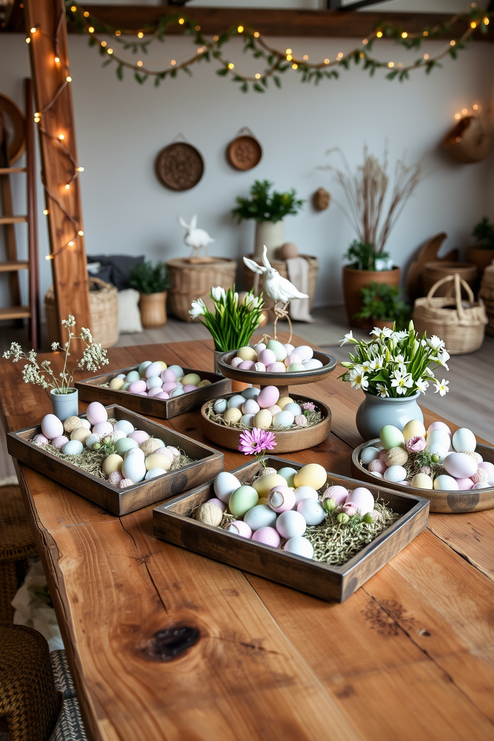 A collection of stylish trays is arranged on a rustic wooden table, each filled with seasonal treats that reflect the essence of spring. The trays feature an assortment of pastel-colored candies, beautifully decorated eggs, and fresh flowers, creating a vibrant and inviting atmosphere. The loft space is adorned with subtle Easter decorations, including delicate garlands and soft lighting that enhances the cozy ambiance. Natural elements like potted plants and woven baskets complement the decor, adding warmth and charm to the overall setting.