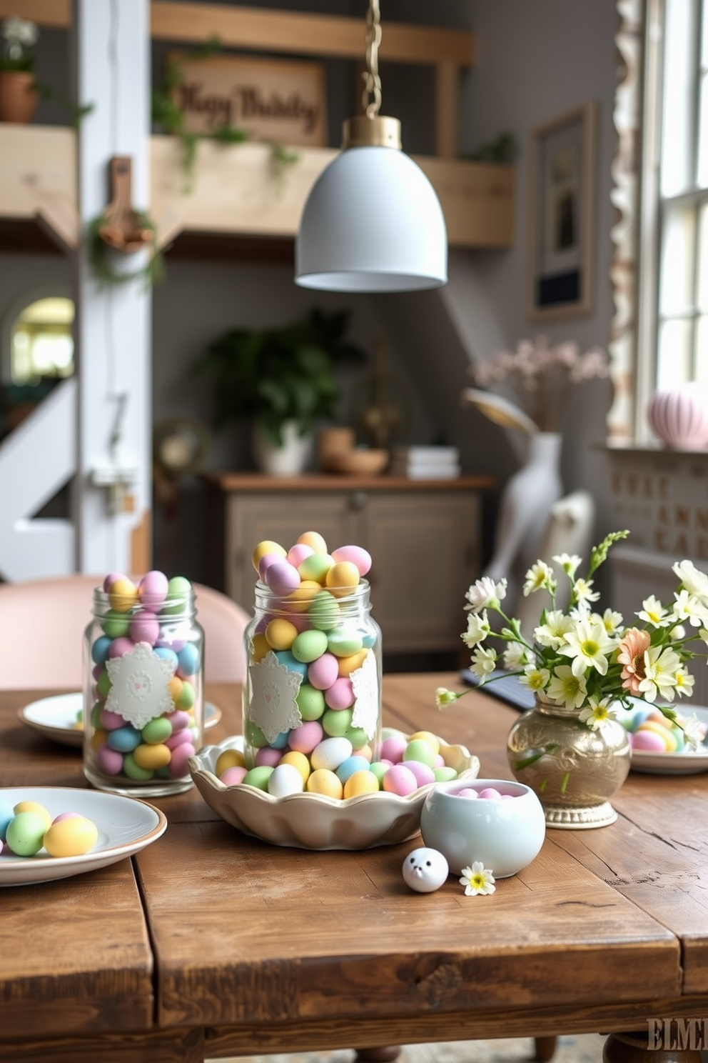 Create a charming loft space decorated for Easter. Include decorative jars filled with colorful candy eggs placed on a rustic wooden table, surrounded by soft pastel accents and spring flowers.