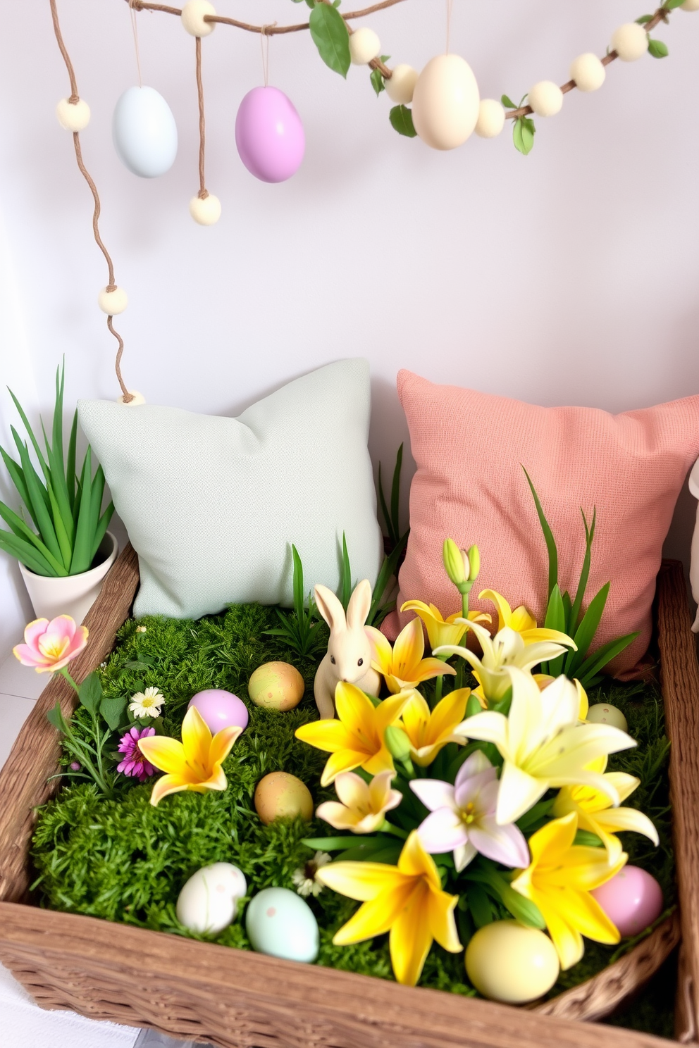 Create a charming miniature garden that embodies the essence of Easter. Include pastel-colored flowers, small decorative eggs, and a tiny bunny figurine nestled among the greenery. Design a cozy loft space adorned with Easter decorations. Incorporate whimsical elements like hanging egg garlands, soft cushions in spring colors, and a centerpiece featuring a floral arrangement with Easter lilies.