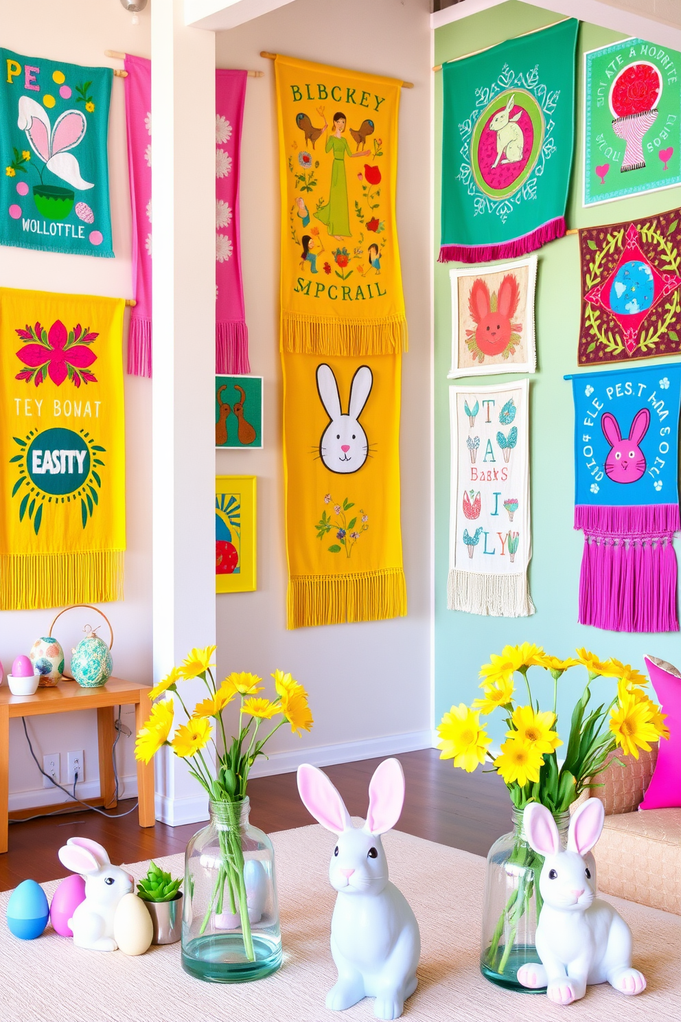 Brightly colored wall hangings adorn the walls of a spacious loft, creating a vibrant and inviting atmosphere. Each piece showcases a unique design, ranging from abstract patterns to whimsical illustrations, enhancing the overall aesthetic of the space. For Easter decorating ideas, the loft features playful elements such as pastel-colored eggs and cheerful bunnies strategically placed around the room. Fresh flowers in bright hues are arranged in vases, adding a touch of springtime charm to the decor.