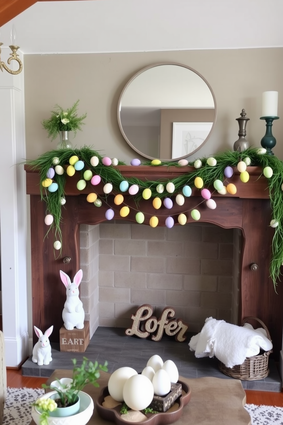 A beautiful floral wreath adorned with pastel-colored eggs and delicate ribbons hangs on a rustic wooden door. Surrounding the wreath, soft greenery and seasonal blooms create a cheerful and inviting entrance for Easter celebrations. Inside the loft, a cozy seating area features a neutral-colored sofa accented with vibrant throw pillows in spring hues. A decorative table is adorned with a centerpiece of fresh flowers and Easter-themed decor, enhancing the festive atmosphere.