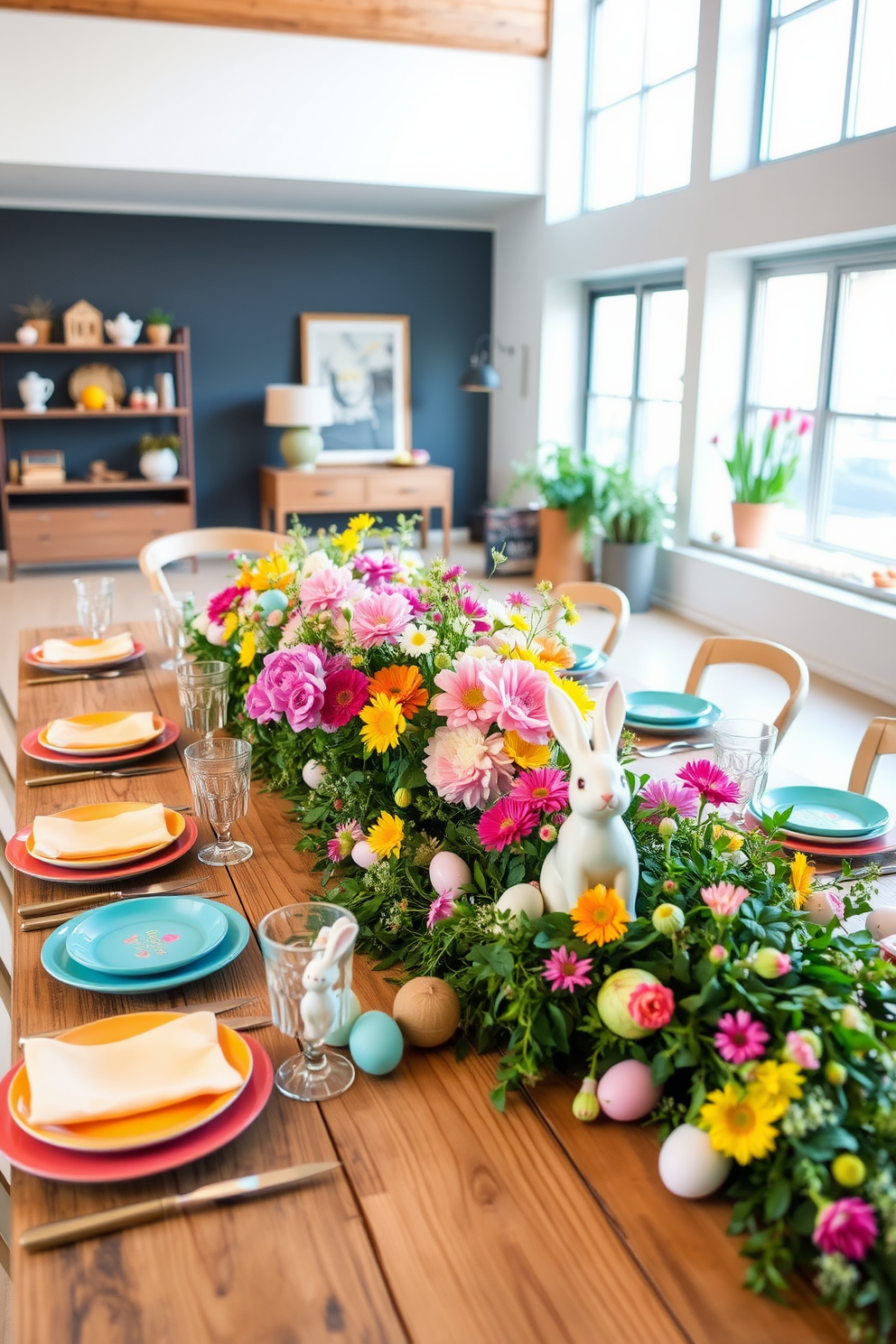 A colorful table setting adorned with vibrant egg motifs creates a festive atmosphere. The table is elegantly dressed with a pastel-colored tablecloth, complemented by decorative plates featuring intricate egg designs. Fresh flowers in a cheerful vase are placed at the center, adding a touch of spring. Surrounding the table are mismatched chairs, each painted in a different bright color, enhancing the playful vibe of the Easter celebration.