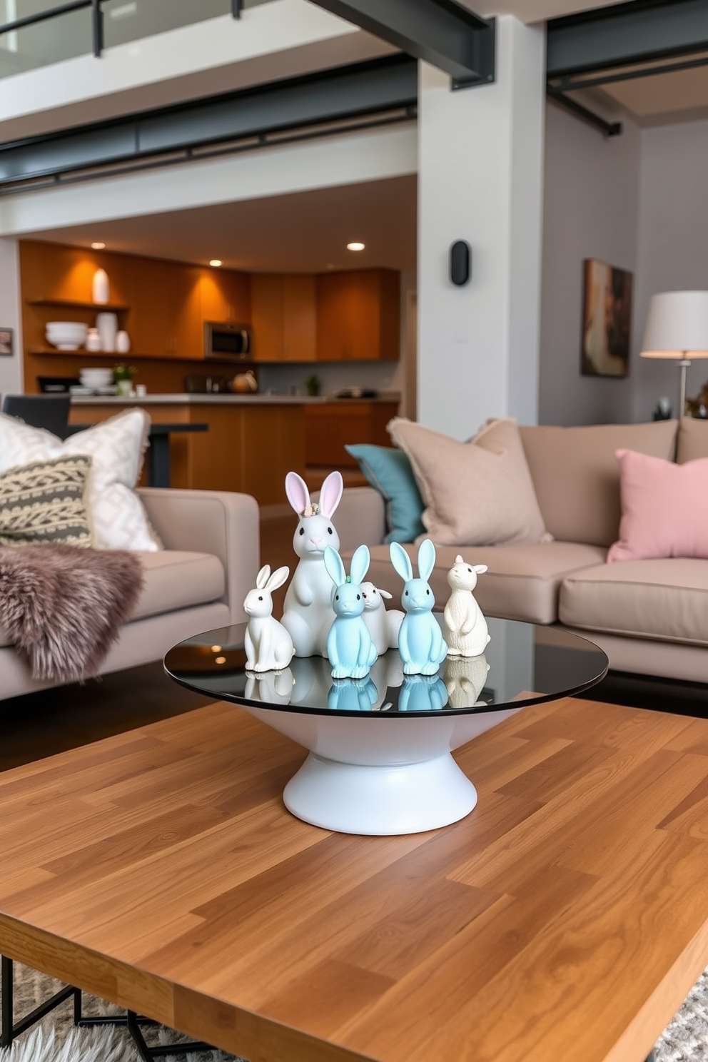 Create a charming Easter decor scene featuring vintage wooden crates stacked in an inviting arrangement. Adorn the crates with pastel-colored eggs, fresh spring flowers, and whimsical bunny figurines to evoke a festive atmosphere.