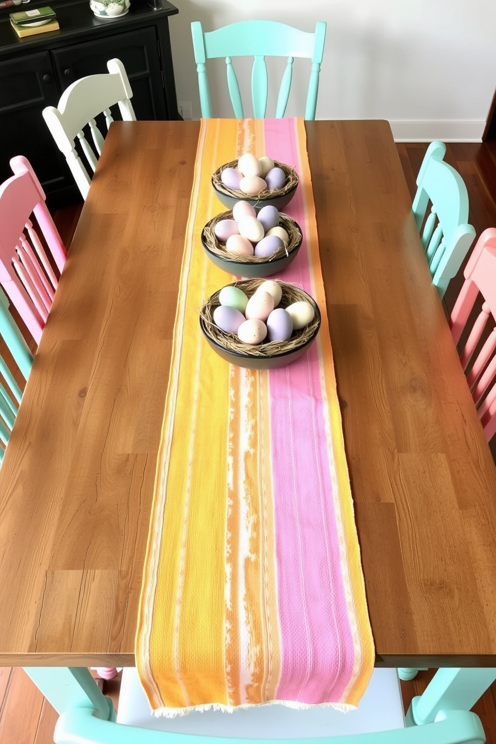 A vibrant table runner stretches across a rustic wooden dining table adorned with pastel-colored eggs nestled in decorative bowls. Surrounding the table are mismatched chairs, each painted in cheerful spring hues, creating a festive atmosphere perfect for Easter celebrations.