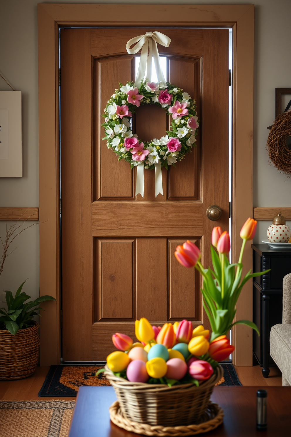 A charming spring wreath adorned with pastel flowers and delicate ribbons hangs on a rustic wooden front door. The entryway is enhanced with soft lighting and a welcoming doormat, creating an inviting atmosphere for guests. Inside the loft, Easter decorations bring a festive touch with colorful eggs displayed in a decorative basket. Fresh tulips in vibrant hues are arranged on a coffee table, complementing the airy and bright ambiance of the space.