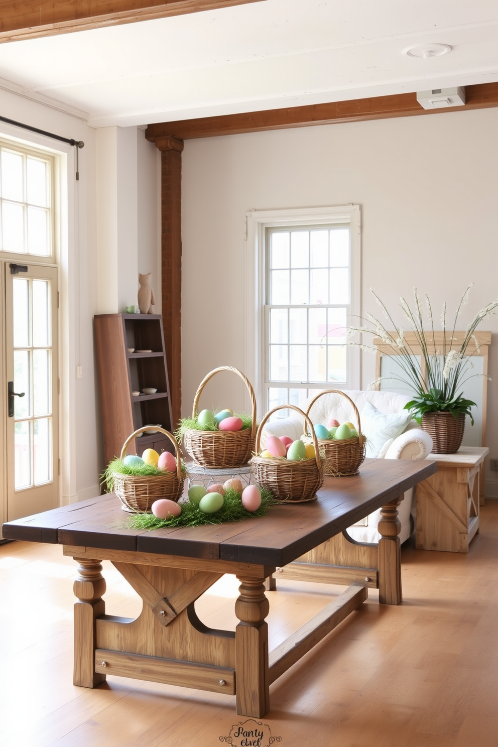 A charming loft space decorated for Easter features decorative baskets filled with colorful eggs arranged on a rustic wooden table. Soft pastel colors adorn the walls, while natural light streams in through large windows, creating a warm and inviting atmosphere.