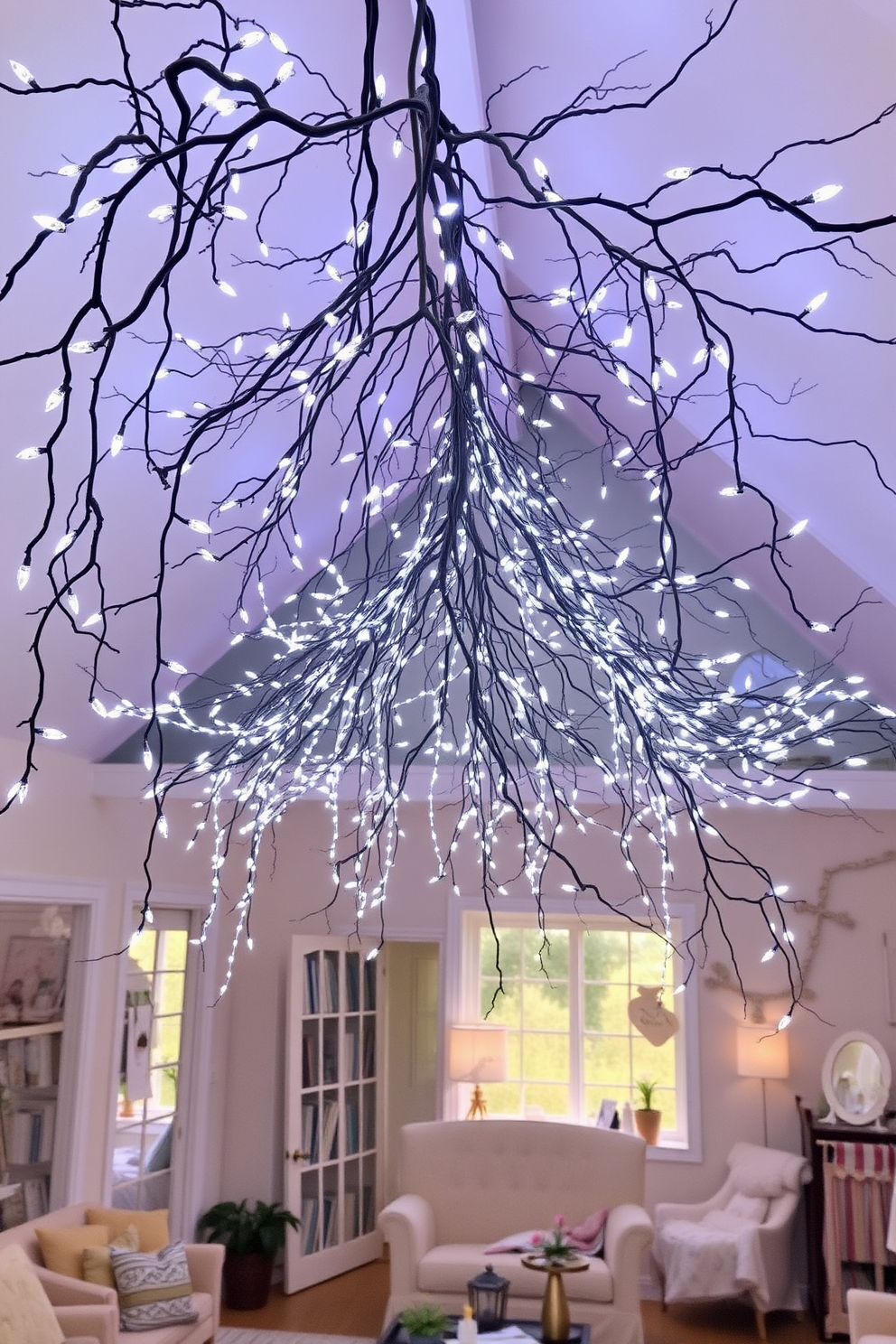 A charming loft space adorned with lighted branches cascading from the ceiling, creating a whimsical atmosphere. Soft pastel decorations and Easter-themed accents are scattered throughout, enhancing the festive spirit of the room.