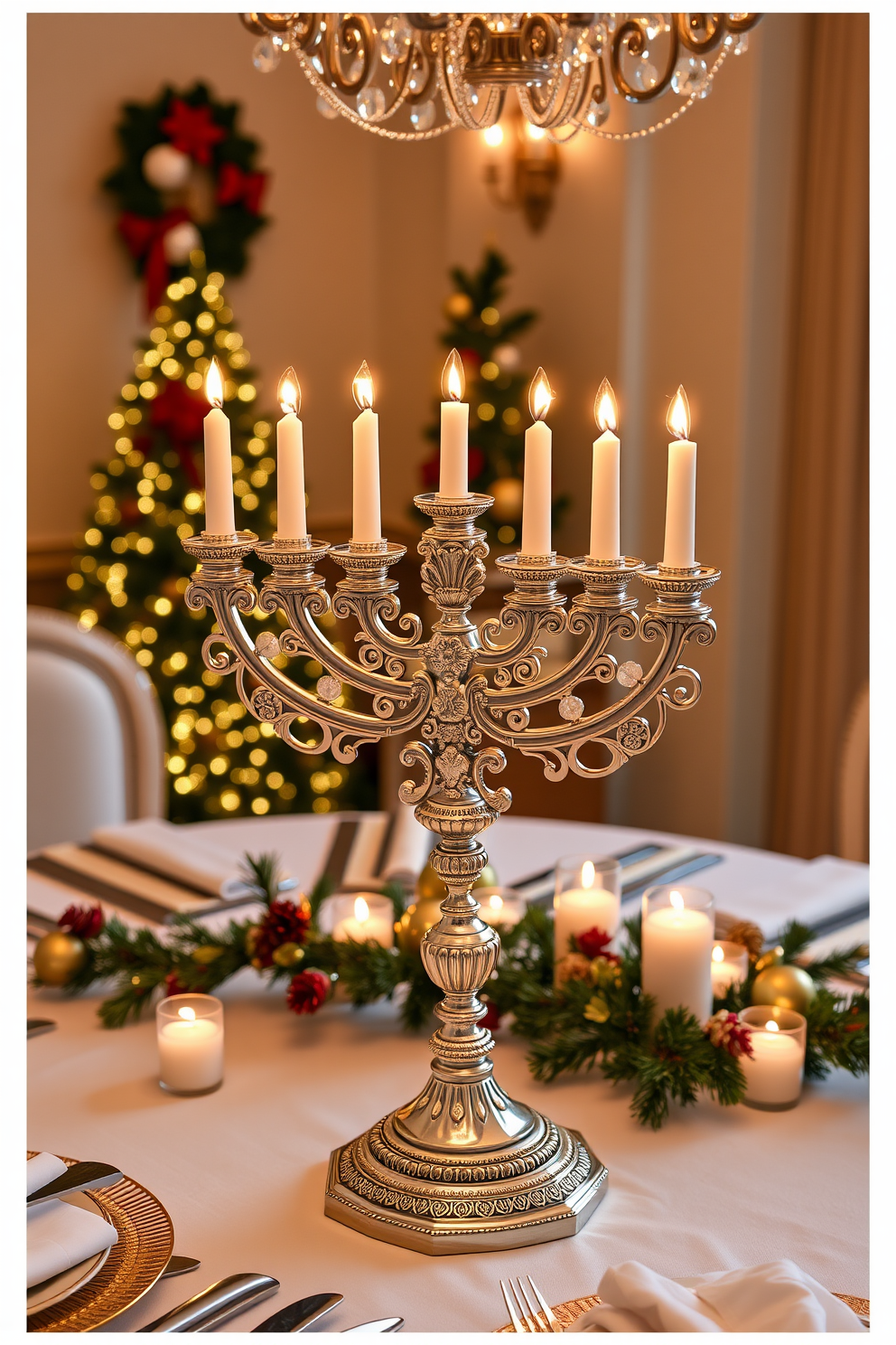 Elegant menorah centerpiece on dining table with intricate details and a polished finish. Surrounding the menorah, there are soft candlelight accents and festive decorations that enhance the holiday spirit.