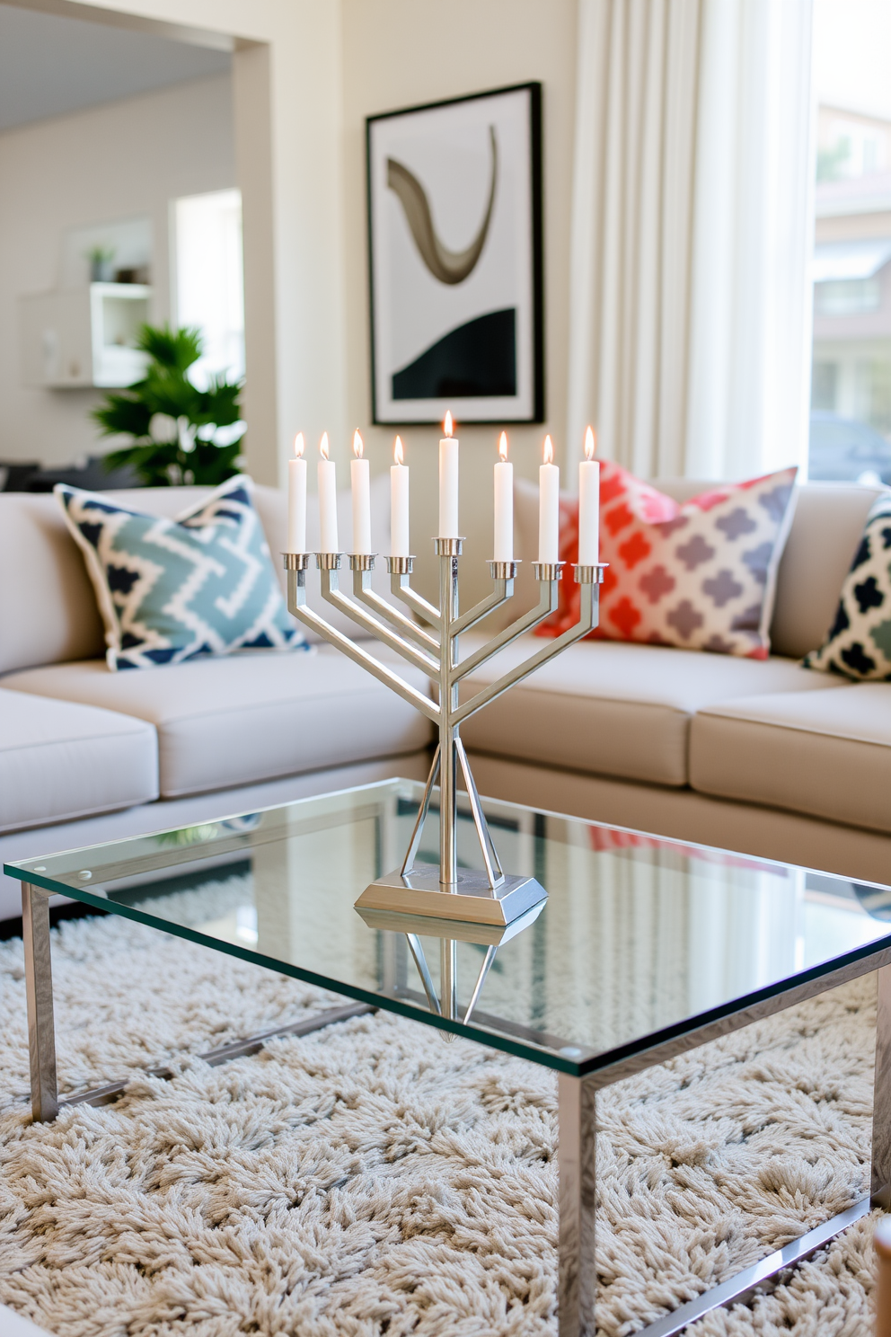 A modern geometric menorah sits elegantly on a sleek glass coffee table in a contemporary living room. The space features a neutral color palette with bold accent pillows and a plush area rug, creating a cozy yet stylish atmosphere for Hanukkah celebrations.