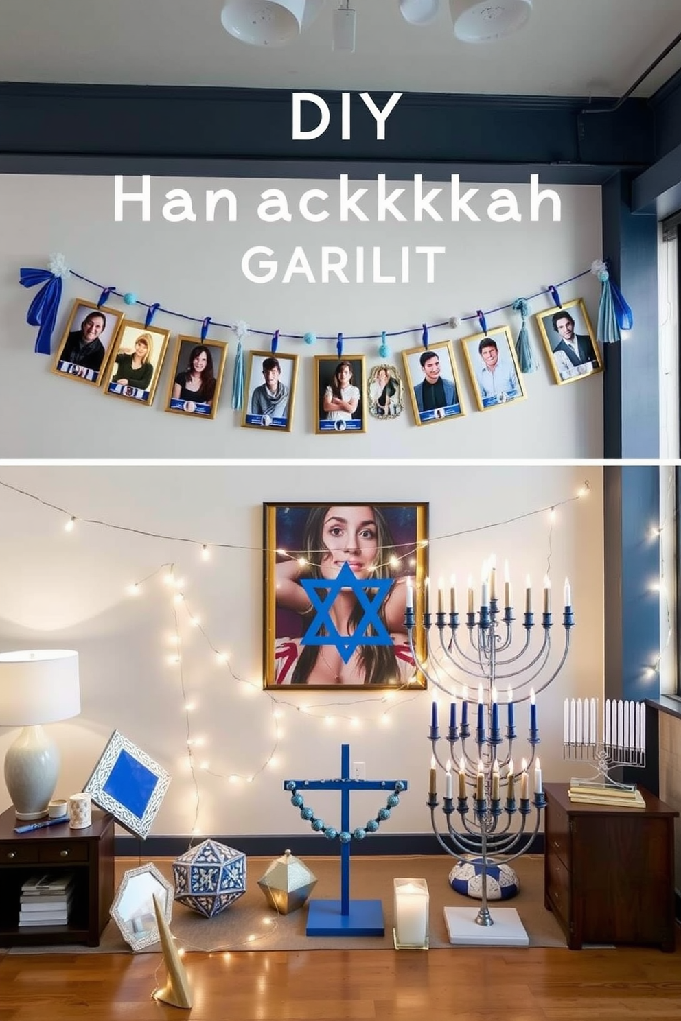 A DIY Hanukkah garland adorned with family photos creates a warm and festive atmosphere. The garland features blue and silver accents, with each photo framed in a decorative element that reflects the holiday spirit. In a loft setting, incorporate Hanukkah decorations with a modern twist. Use oversized dreidels and menorahs as statement pieces, complemented by string lights that add a cozy glow to the open space.