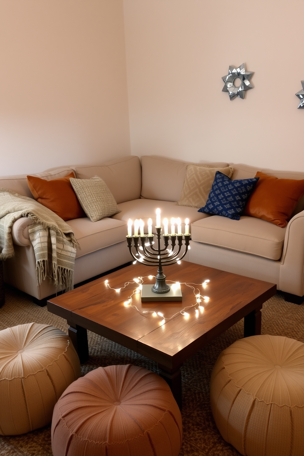 A cozy seating area for guests featuring a plush oversized sofa adorned with soft throw pillows in warm tones. A handwoven blanket is draped over the armrest, and a rustic coffee table made of reclaimed wood sits in front, surrounded by inviting poufs. Decorated for Hanukkah, the space showcases a beautiful menorah placed on the coffee table, surrounded by twinkling fairy lights. The walls are adorned with subtle blue and silver accents, creating a festive yet comfortable atmosphere.