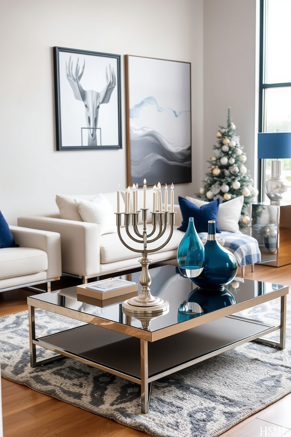 Create a contemporary living room that features sleek metallic accents throughout the space. The furniture includes a minimalist sofa with metallic legs and a coffee table with a reflective surface. Incorporate Hanukkah decorations that complement the modern aesthetic. Use elements such as a stylish menorah made of brushed metal and elegant blue and silver accents to enhance the festive atmosphere.