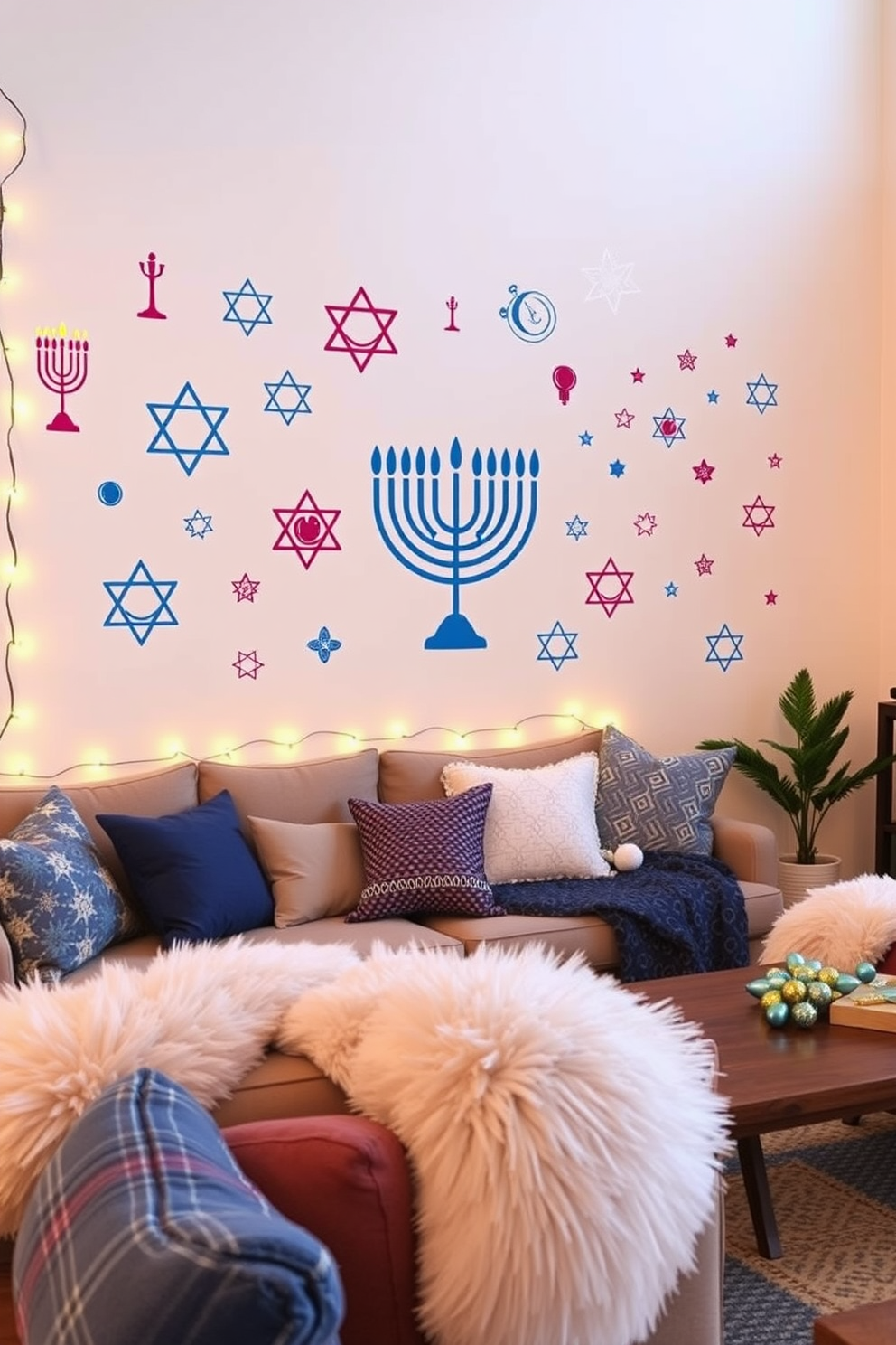 Creative wall decals featuring Hanukkah motifs adorn the living room walls, adding a festive touch to the space. The decals include menorahs, dreidels, and stars, all in vibrant colors that enhance the holiday spirit. Loft Hanukkah decorating ideas incorporate a blend of modern and traditional elements. Cozy seating areas are accented with plush cushions and throws, while decorative string lights create a warm and inviting atmosphere.