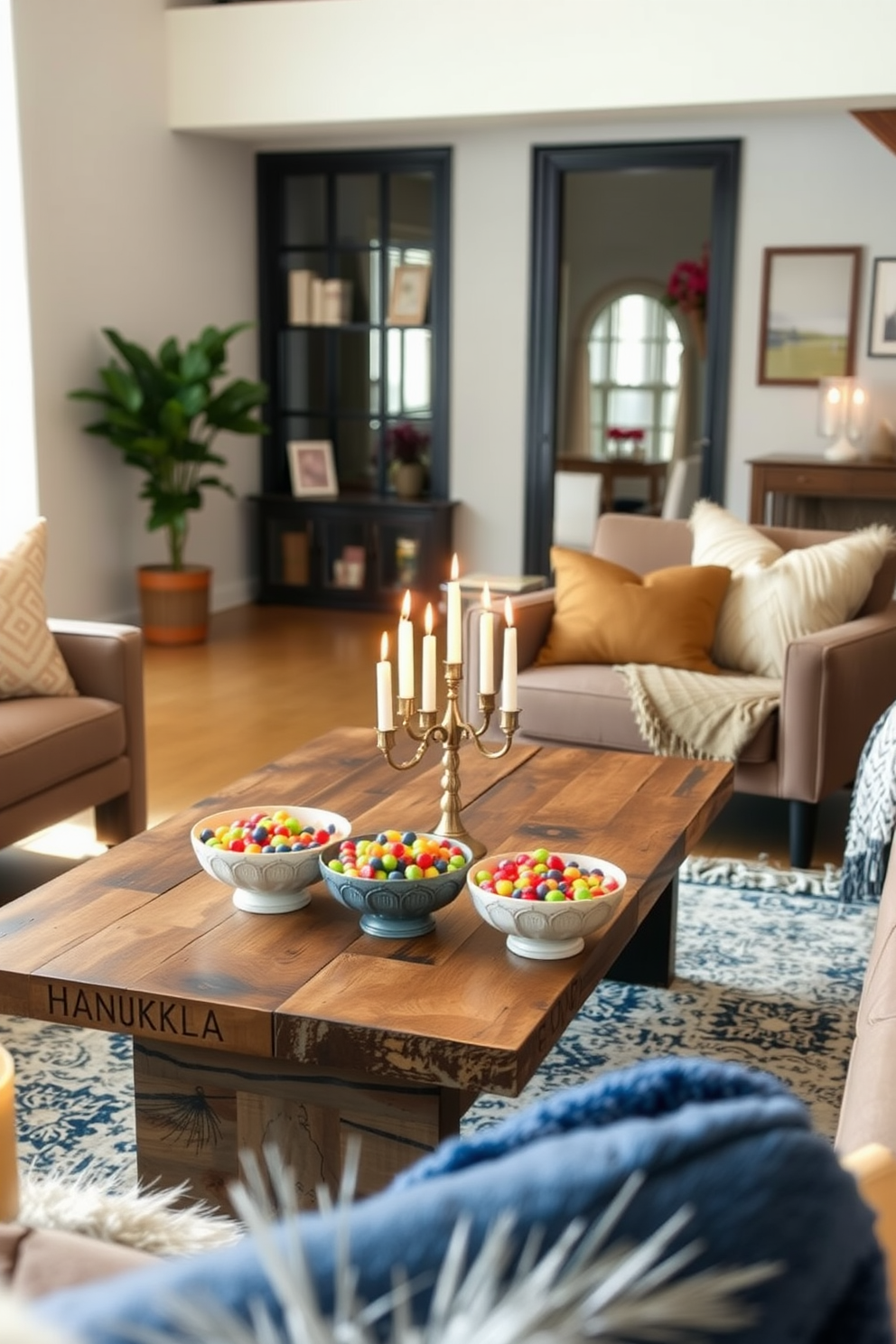 A cozy loft space adorned for Hanukkah. Decorative bowls filled with colorful gelt candies are placed on a rustic wooden coffee table surrounded by plush seating.