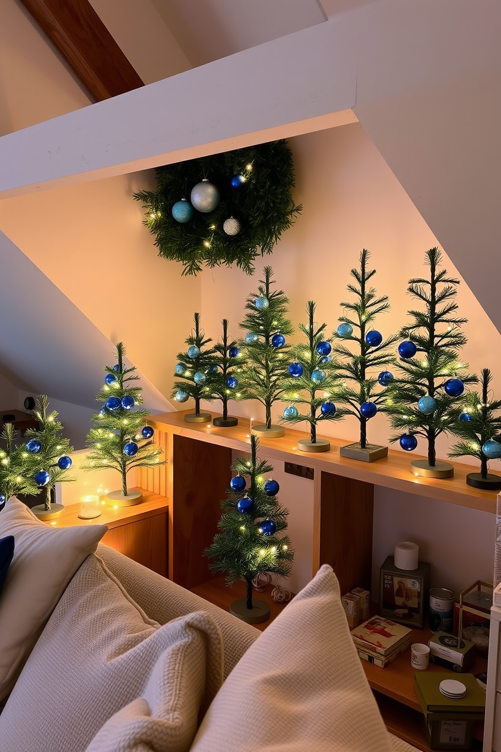 A cozy loft space decorated for Hanukkah features miniature trees adorned with blue ornaments scattered throughout the room. The trees are placed on wooden shelves, creating a festive atmosphere with soft lighting and warm textiles.