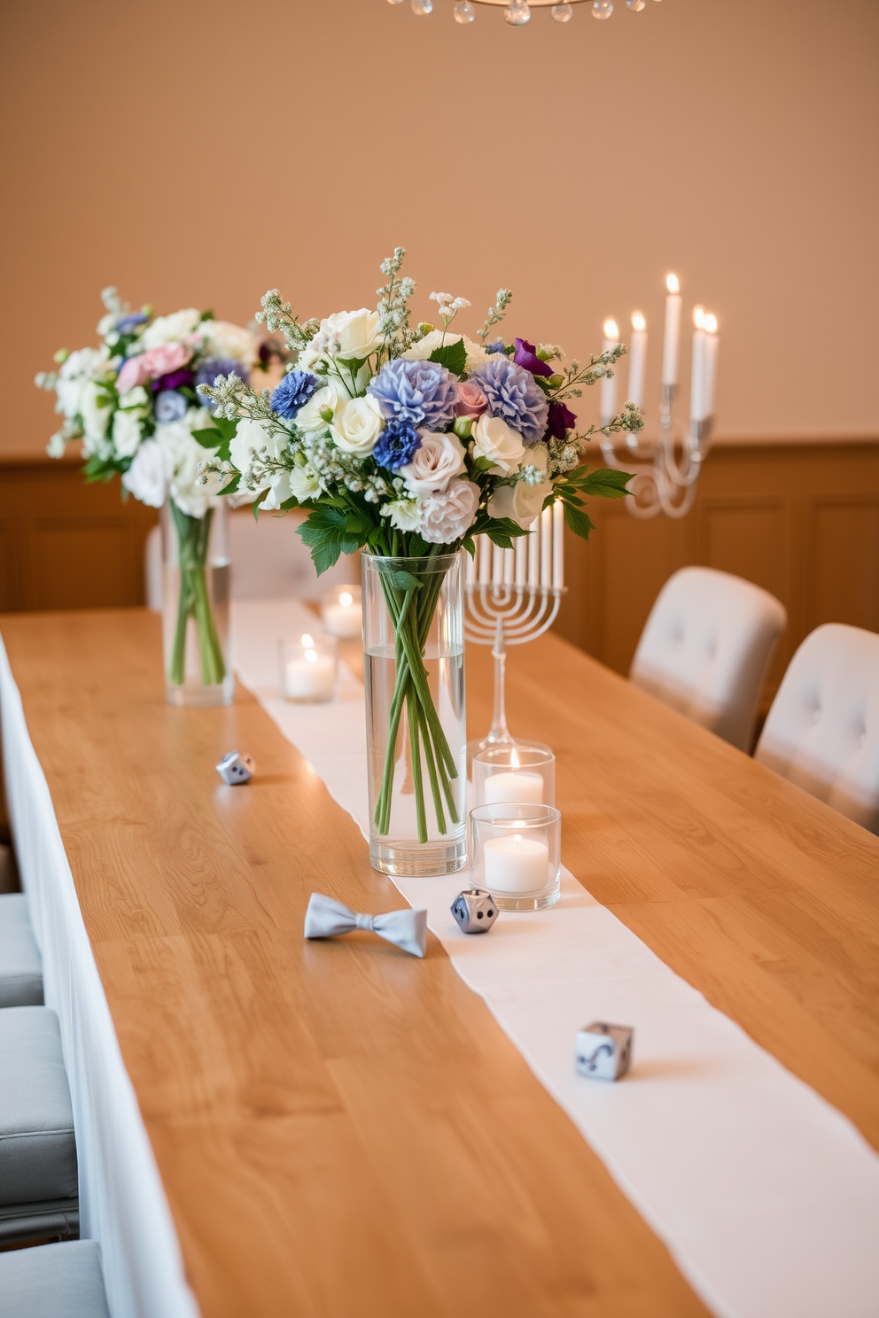 Elegant glass vases filled with fresh flowers are placed strategically on a long wooden dining table. The table is adorned with a soft white tablecloth and surrounded by plush upholstered chairs, creating a warm and inviting atmosphere. The decor features subtle Hanukkah elements such as a beautifully arranged menorah and decorative dreidels scattered across the table. Soft blue and silver accents enhance the festive spirit while maintaining an elegant and sophisticated look.