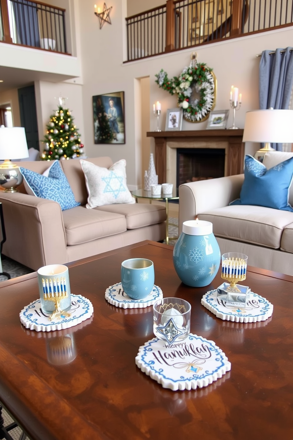 Charming holiday-themed coasters are placed on various tables throughout the living area. Each coaster features festive designs that celebrate the spirit of Hanukkah, adding warmth and cheer to the space. The loft is adorned with elegant decorations that reflect Hanukkah traditions. Soft blue and silver accents complement the cozy atmosphere, creating a welcoming environment for gatherings.