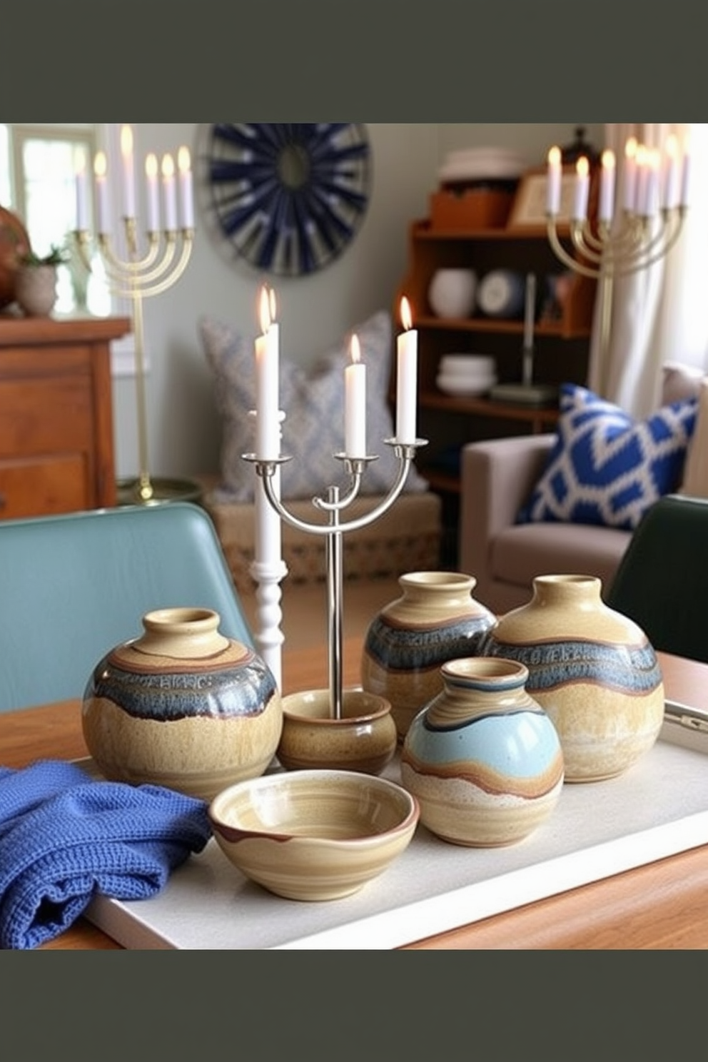 A creative living room design featuring floating shelves that maximize vertical space. The shelves are adorned with festive Hanukkah decorations including blue and silver accents, candles, and decorative dreidels. The room has a cozy atmosphere with soft lighting and plush seating. A large window allows natural light to illuminate the space, enhancing the holiday spirit.