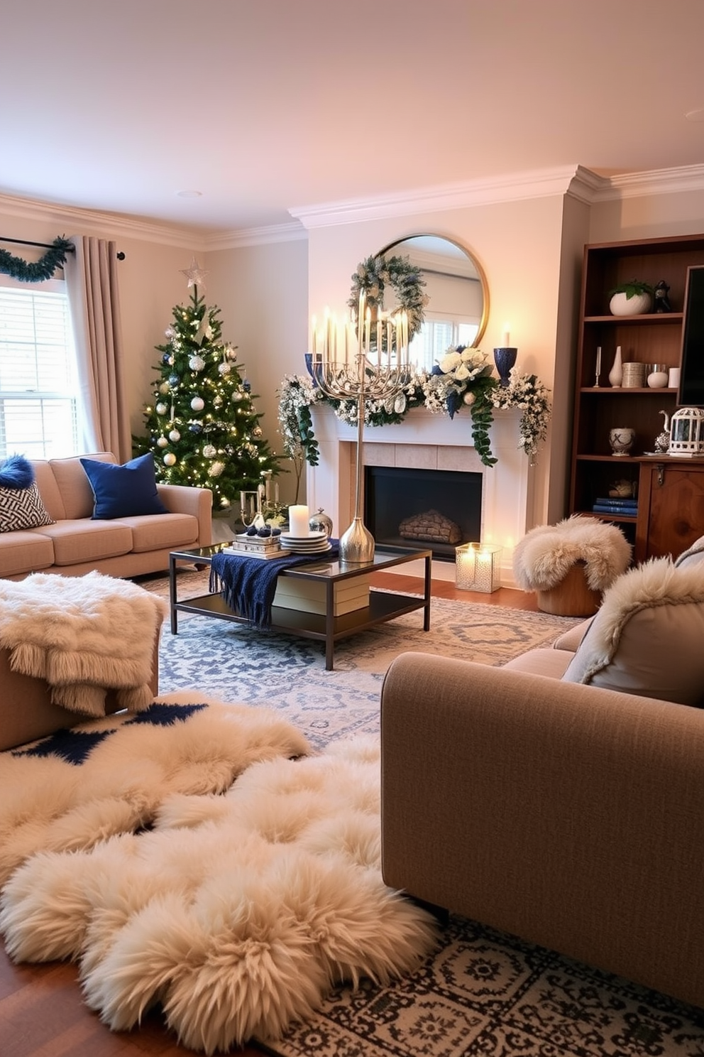 Create a cozy living room scene for Hanukkah. Include decorative bowls filled with colorful dreidels placed on a wooden coffee table surrounded by plush seating. The walls should be adorned with festive decorations featuring blue and silver accents. Soft lighting from a nearby menorah casts a warm glow over the room, enhancing the holiday spirit.