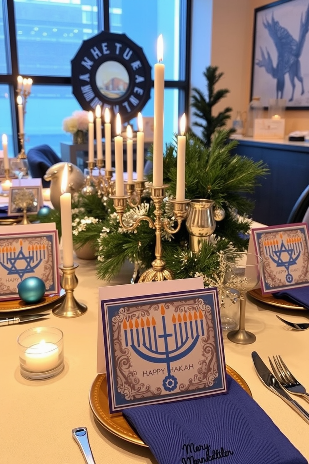 Artisan Hanukkah cards as table settings featuring intricate designs and vibrant colors. Each card is elegantly placed on a festive table adorned with silver and blue decorations. Loft Hanukkah decorating ideas that incorporate modern elements with traditional motifs. The space is filled with warm lighting, cozy textiles, and unique centerpieces that celebrate the holiday spirit.