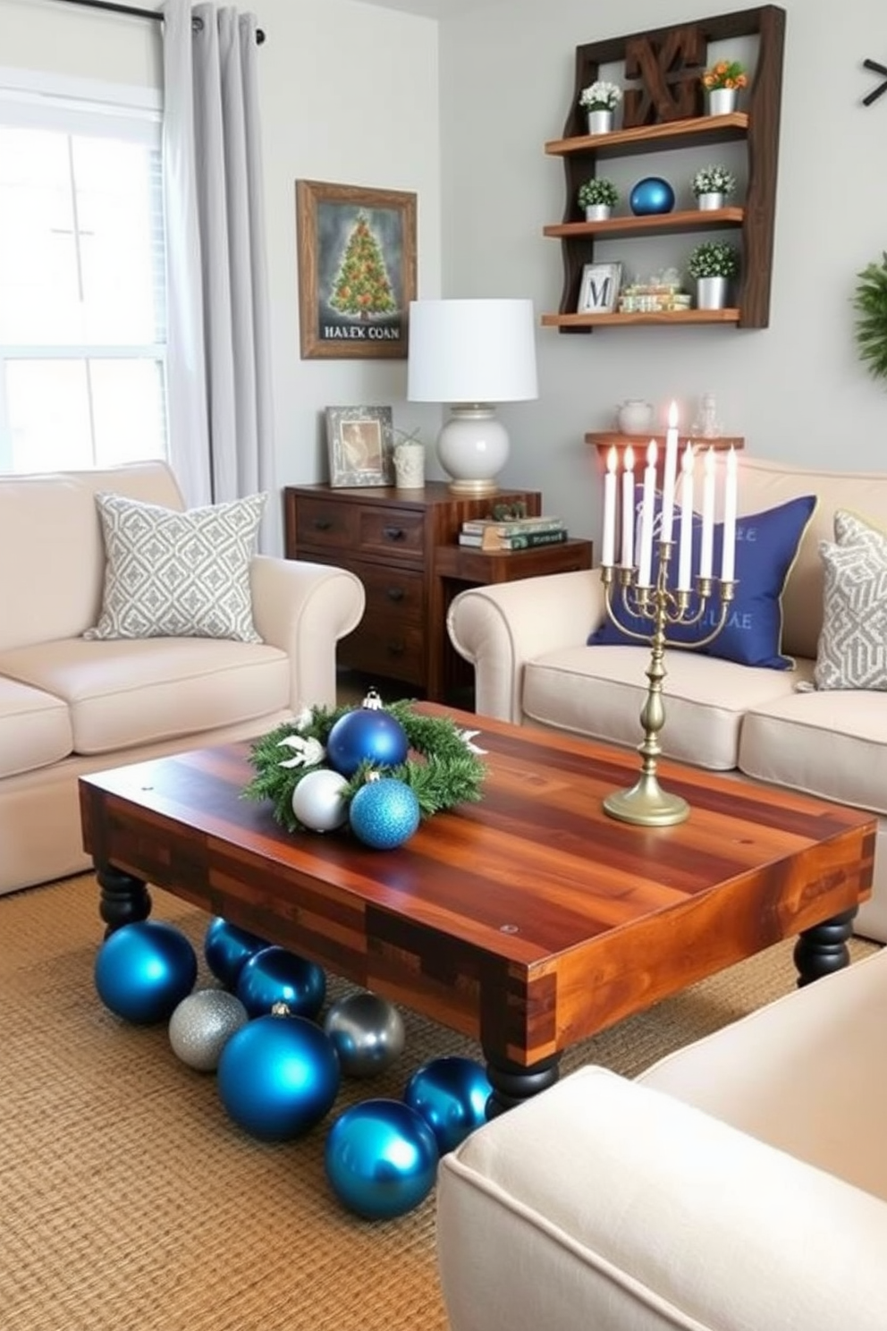 A cozy living room adorned with simple wooden accents that bring a rustic charm. The space features a reclaimed wood coffee table paired with a soft beige sofa and a woven area rug. Festive Hanukkah decorations are tastefully arranged throughout the room. A beautifully lit menorah sits on a wooden side table, surrounded by blue and silver ornaments that enhance the holiday spirit.