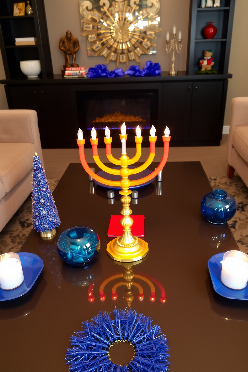 A brightly colored menorah sits center stage on a sleek coffee table, surrounded by festive decorations that celebrate the spirit of Hanukkah. The table is adorned with vibrant blue and gold accents, creating a warm and inviting atmosphere for family gatherings.