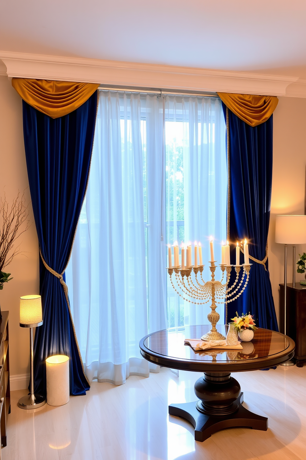 Luxe velvet curtains in rich blue and gold hues frame a large window, adding an elegant touch to the room. The curtains cascade down to the floor, creating a sense of warmth and sophistication in the festive space. Decorative elements inspired by Hanukkah are strategically placed around the room, including a beautifully arranged menorah on a polished wooden table. Soft, ambient lighting enhances the festive atmosphere, highlighting the intricate details of the decorations.