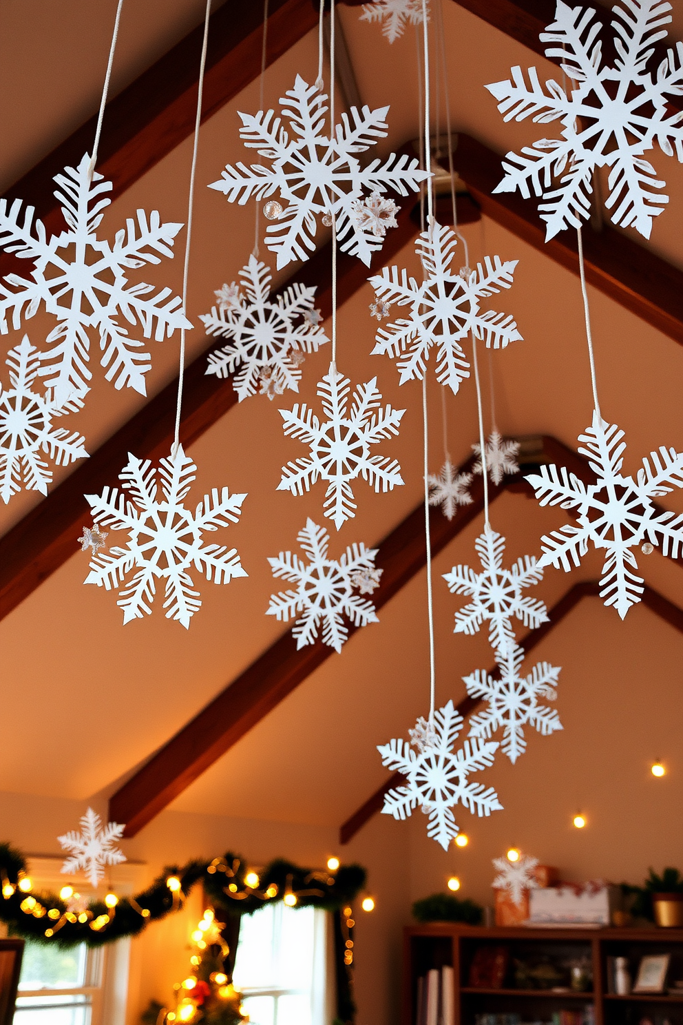 A cozy loft space adorned with hanging paper snowflakes that flutter gently from the ceiling. The warm glow of string lights complements the festive decor, creating a cheerful ambiance for Hanukkah celebrations.