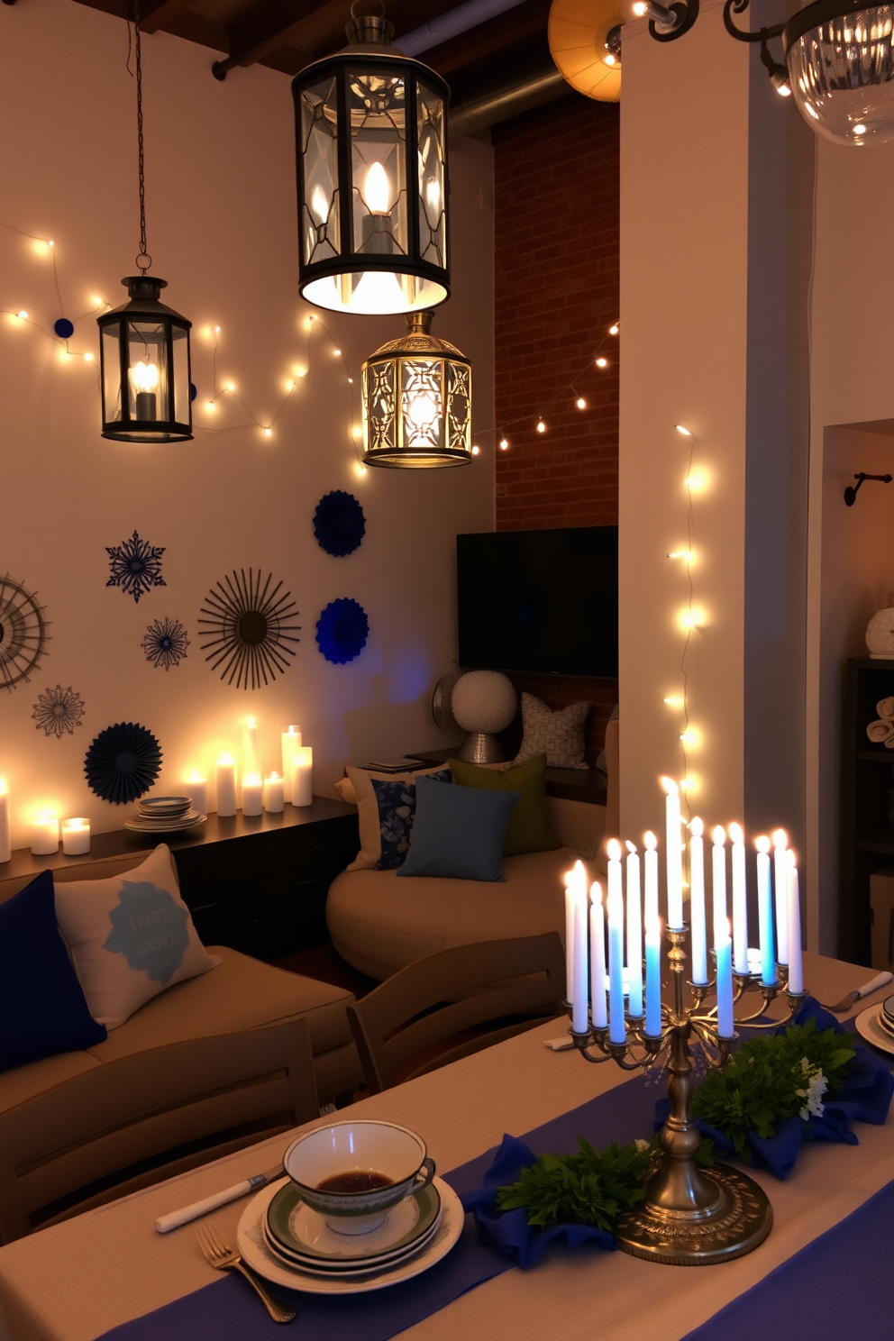 A cozy loft space adorned with personalized ornaments that reflect individual stories and memories. Each decoration is thoughtfully placed to enhance the festive atmosphere while maintaining a stylish and modern aesthetic. The space features a mix of traditional and contemporary elements, with a beautifully decorated menorah as the centerpiece. Soft lighting illuminates the room, creating a warm and inviting ambiance perfect for celebrating Hanukkah.