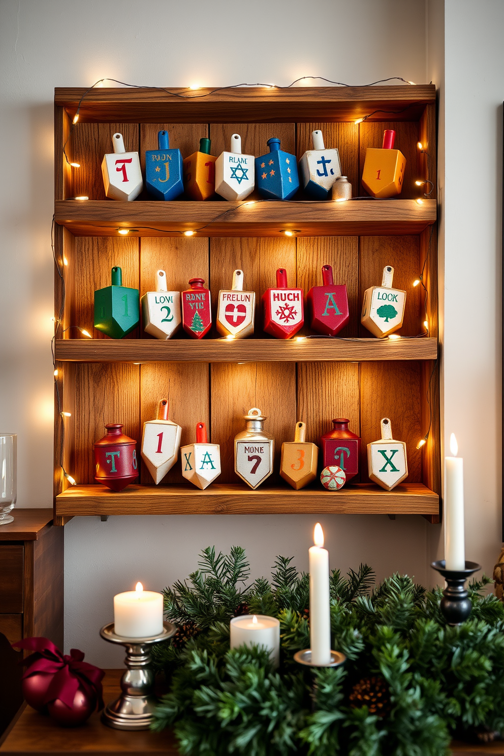 A charming vintage-style dreidel display is arranged on rustic wooden shelves. The dreidels are in various colors and designs, adding a festive touch to the cozy loft space. Soft string lights are draped around the shelves, creating a warm and inviting ambiance. Complementing the display, seasonal greenery and candles are strategically placed to enhance the Hanukkah spirit.