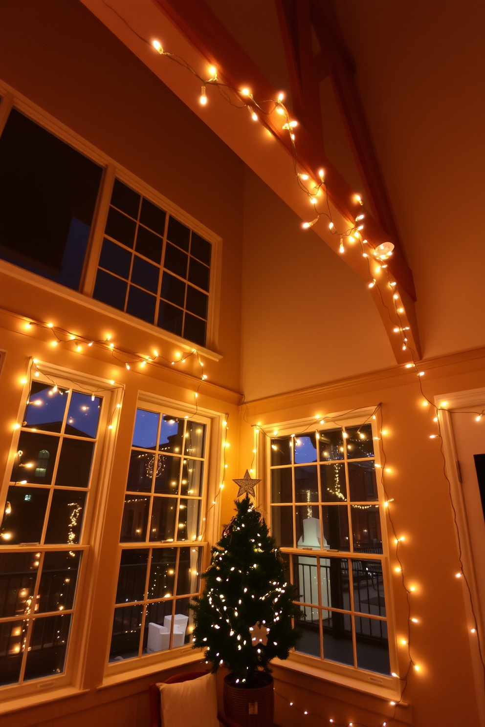 A cozy loft adorned with warm white fairy lights draped around large windows. The soft glow of the lights enhances the festive atmosphere, creating a welcoming space for Hanukkah celebrations.