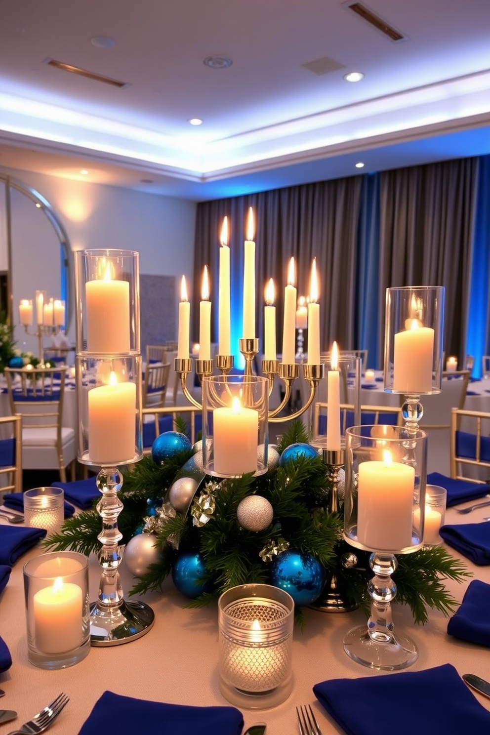 Chic glass candle holders are strategically placed throughout the room to create a warm and inviting ambiance. The holders vary in height and are filled with flickering candles, casting a soft glow that enhances the festive atmosphere of the Hanukkah celebration. The decor features a blend of modern and traditional elements, with elegant table settings adorned with blue and silver accents. A beautifully arranged menorah takes center stage, surrounded by decorative ornaments and festive greenery that complement the overall design.