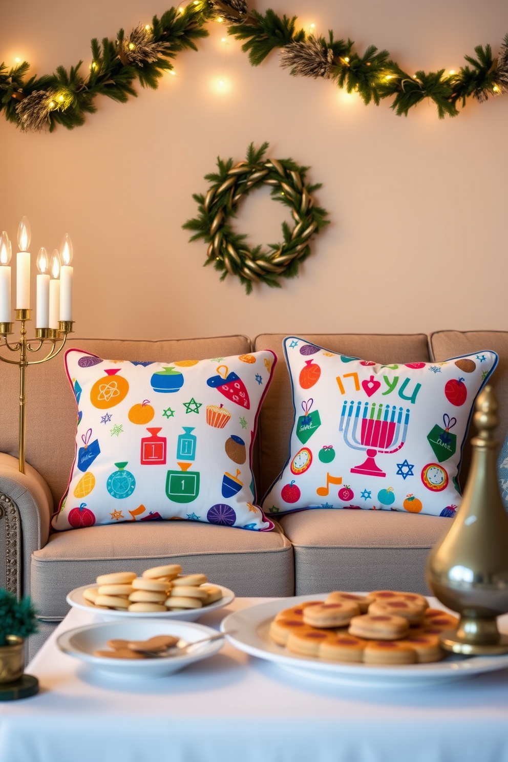 Colorful Hanukkah-themed throw pillows are arranged on a cozy sofa, featuring vibrant patterns of dreidels and menorahs. The pillows add a festive touch to the living room, complemented by soft lighting from a nearby menorah. The space is adorned with string lights and decorative garlands, enhancing the warm and inviting atmosphere. A beautifully set table showcases traditional Hanukkah treats, creating a perfect setting for family gatherings.