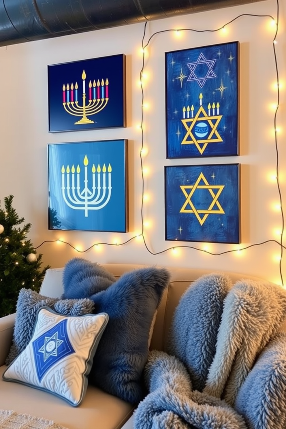 Artistic wall art featuring Hanukkah symbols creates a festive and meaningful atmosphere. The artwork incorporates traditional elements such as menorahs, dreidels, and Stars of David in vibrant colors and modern designs. Loft Hanukkah decorating ideas include using string lights to enhance the ambiance and create a warm glow. Incorporate cozy textiles like plush throws and decorative pillows in blue and silver tones to complement the holiday theme.