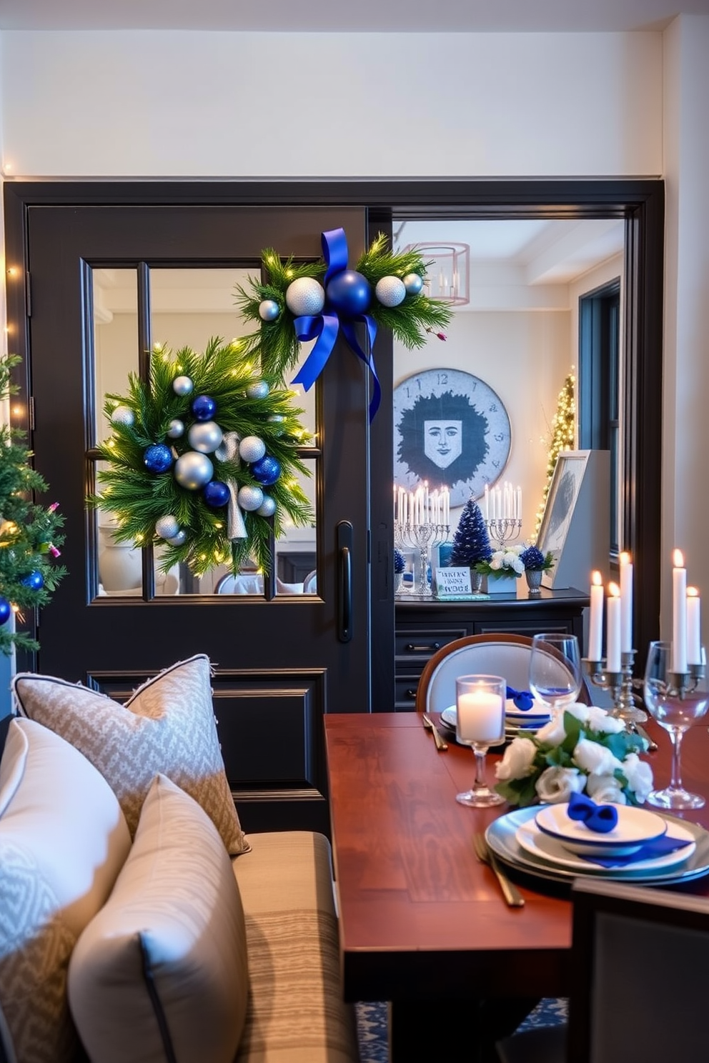 A stylish Hanukkah wreath adorns the front door, featuring blue and silver accents with a mix of fresh greens and decorative ornaments. The warm glow of lights around the door creates a welcoming atmosphere for holiday celebrations. Inside the loft, a blend of modern and traditional elements showcases Hanukkah decorations, with a beautifully set table featuring a menorah and elegant dinnerware. Soft textiles in rich blues and whites complement the festive decor, enhancing the cozy ambiance of the space.