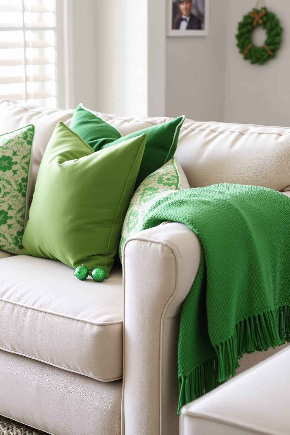 A neutral sofa adorned with green accent pillows creates a cozy and inviting atmosphere. The decor features subtle touches of St. Patrick's Day, such as small shamrock ornaments and a vibrant green throw blanket draped over the armrest.