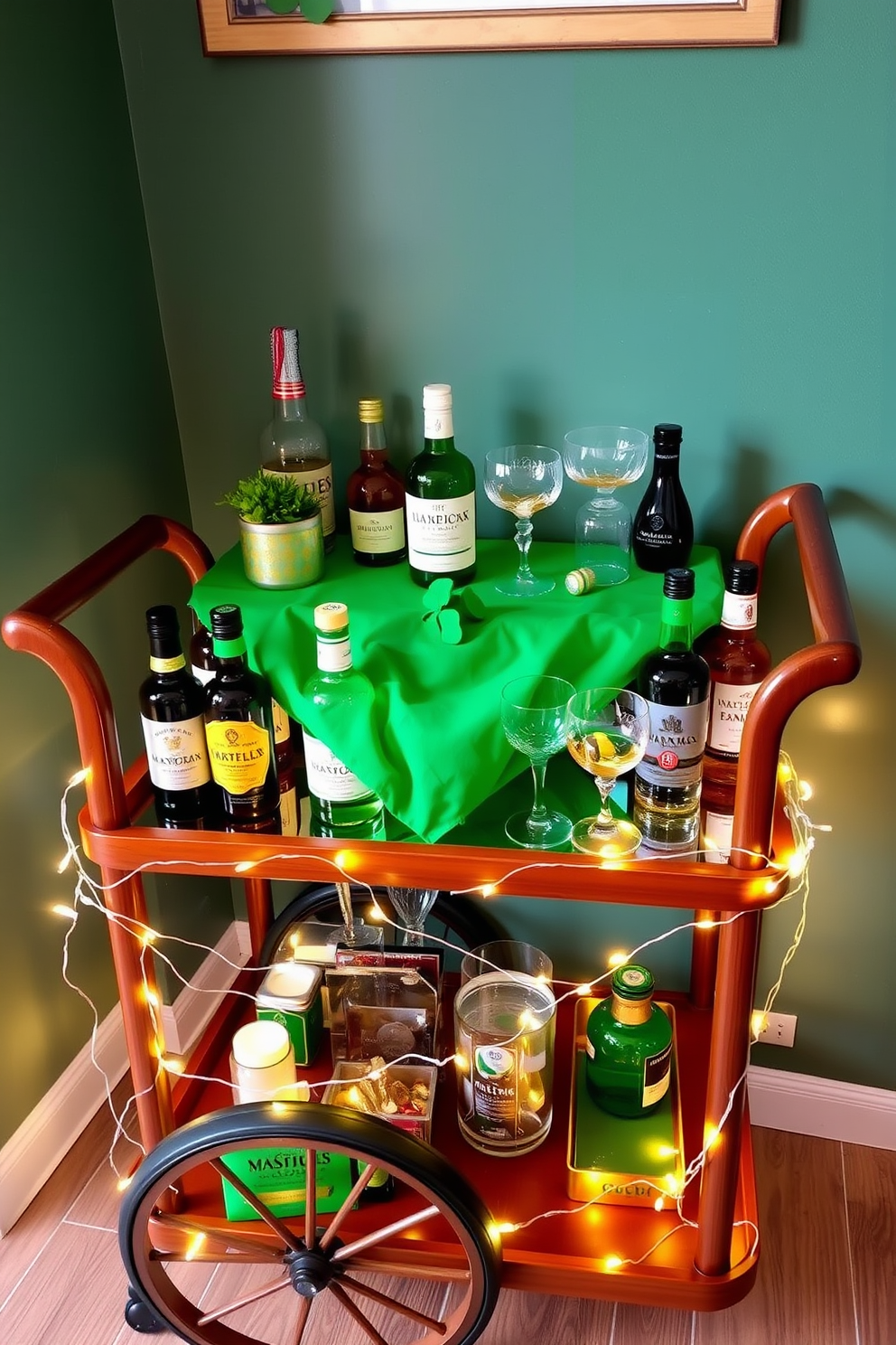 A charming Irish-themed bar cart set up for St. Patrick's Day. The cart features a rich wooden finish adorned with green and gold accents, showcasing an array of Irish whiskey bottles and festive glassware. Decorative elements include a small potted shamrock plant and a vibrant green tablecloth draping over the cart. Twinkling fairy lights are wrapped around the cart's edges, creating a warm and inviting atmosphere for celebrations.