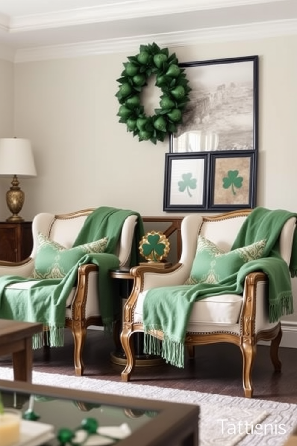 A cozy living room featuring a pair of elegant chairs draped with soft green throw blankets. The space is adorned with subtle St. Patrick's Day decorations, including small shamrock accents and a tasteful green and gold color scheme.