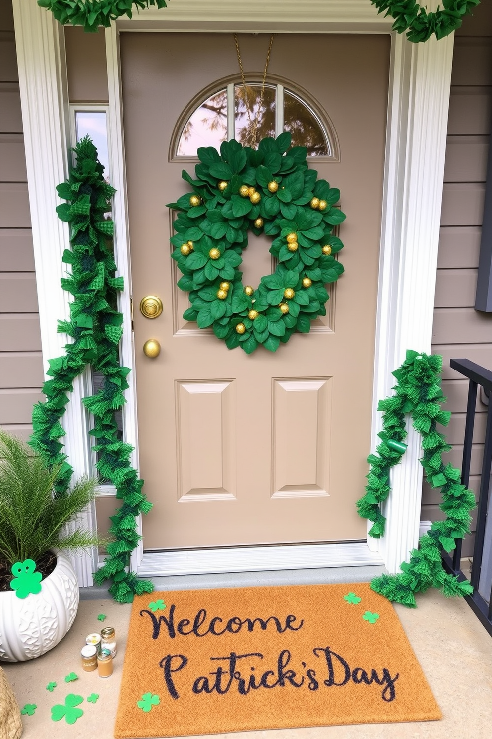 A charming front door adorned with a festive St. Patrick's Day wreath made of green leaves and gold accents. The surrounding area features playful decorations like shamrock garlands and a welcome mat with a cheerful St. Patrick's Day message.