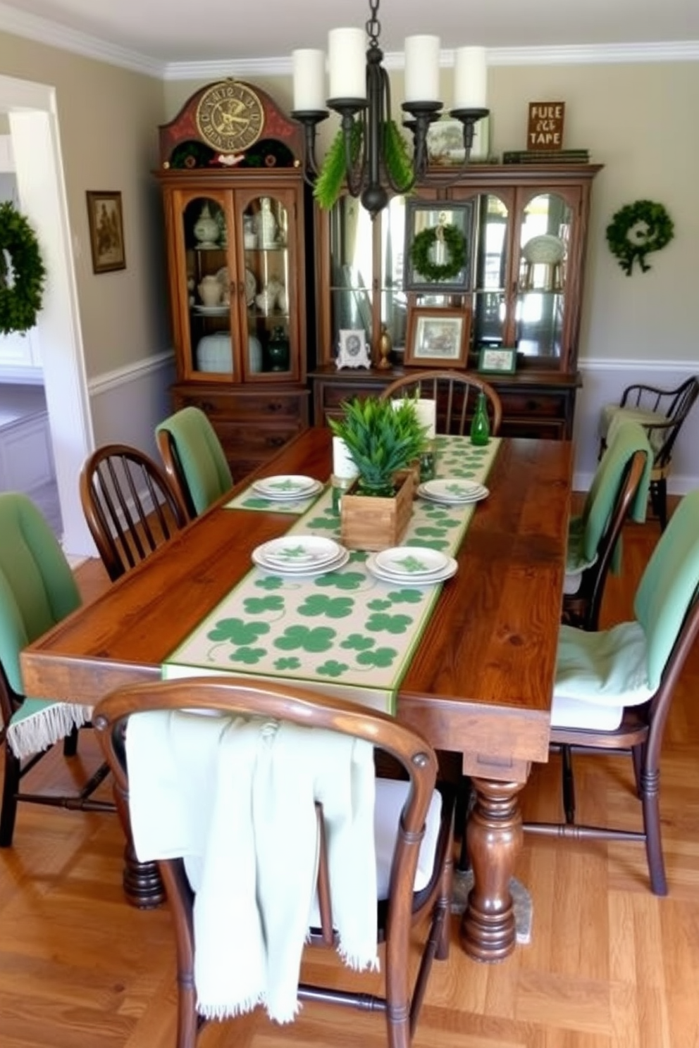 A cozy reading nook featuring vintage books with green covers displayed on a rustic wooden shelf. Soft natural light filters through a nearby window, illuminating the warm tones of the room. For St. Patrick's Day, imagine a festive living room adorned with vibrant green accents and playful shamrock decorations. A charming centerpiece on the coffee table includes fresh flowers and themed ornaments, creating a welcoming atmosphere.